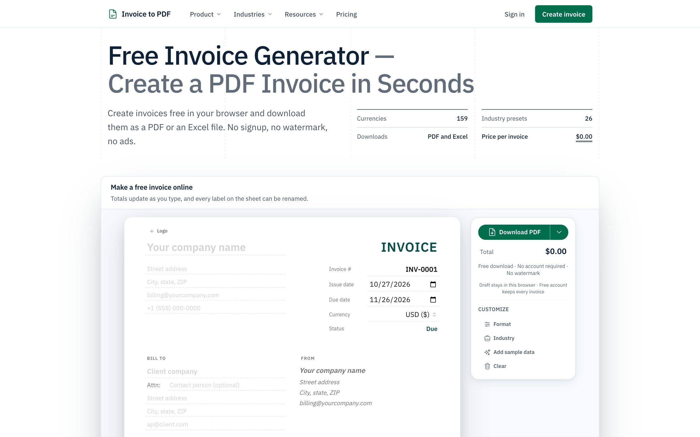 Invoice to PDF's new home page with the invoice form on the first screen