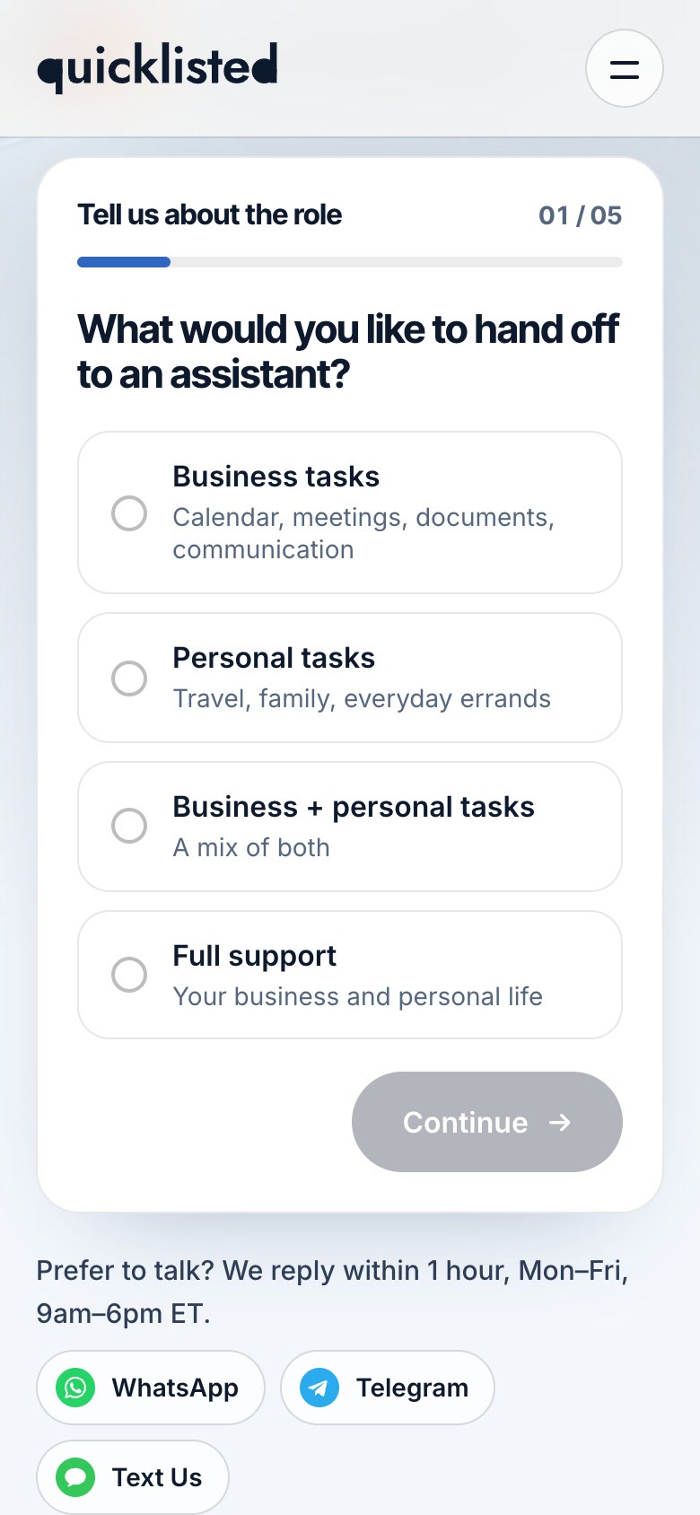 Quicklisted's employer form on a phone, step 1 of 5