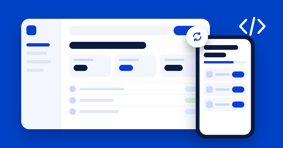 A web app on a laptop and a client portal on a phone, kept in sync