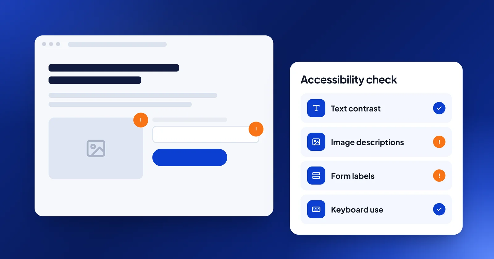 Illustration: an accessibility check of a web page, with missing image descriptions and form labels flagged
