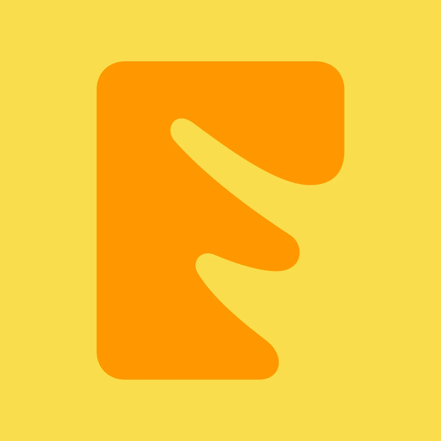 A blocky, curved orange F letterform on top of a yellow background. F letterform created by the agency LG2.