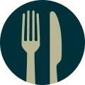 A vectorized fork and knife icon in olive green, on top of a dark blue background.