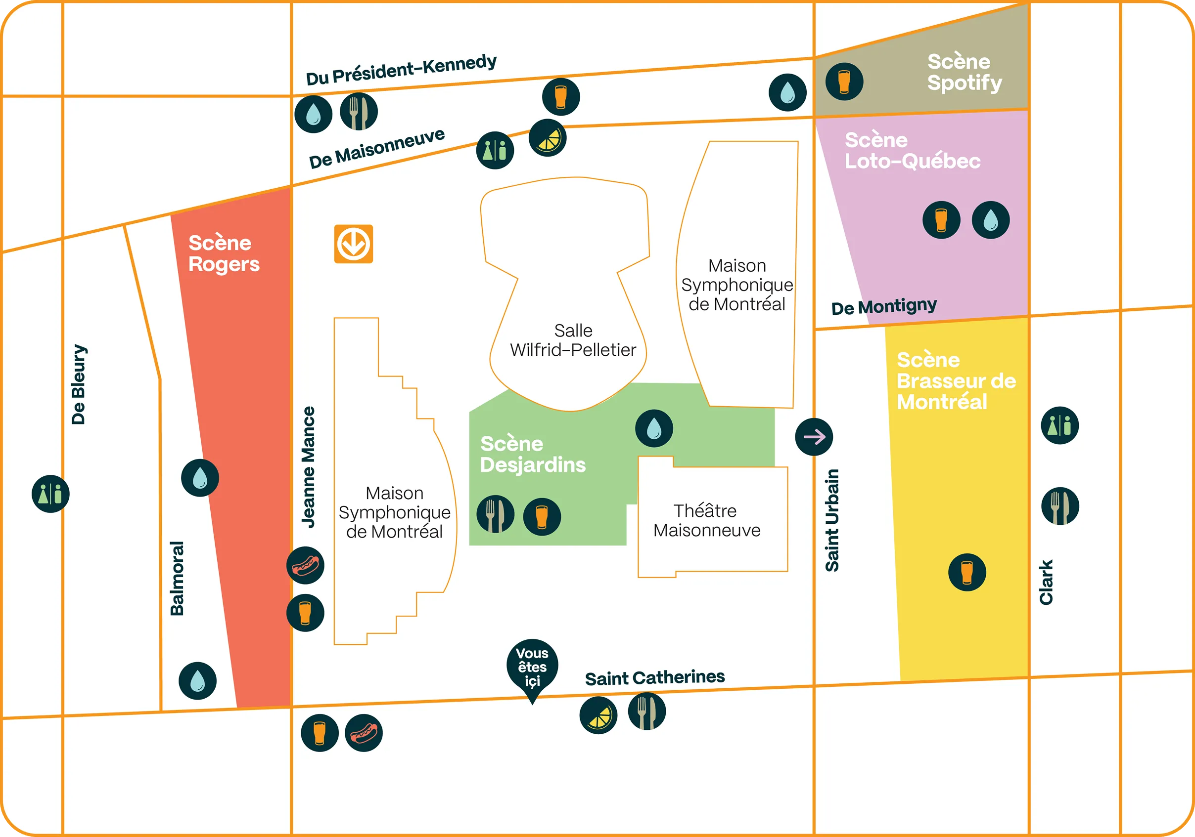 A vectorized map of the amenities and signage placement. 