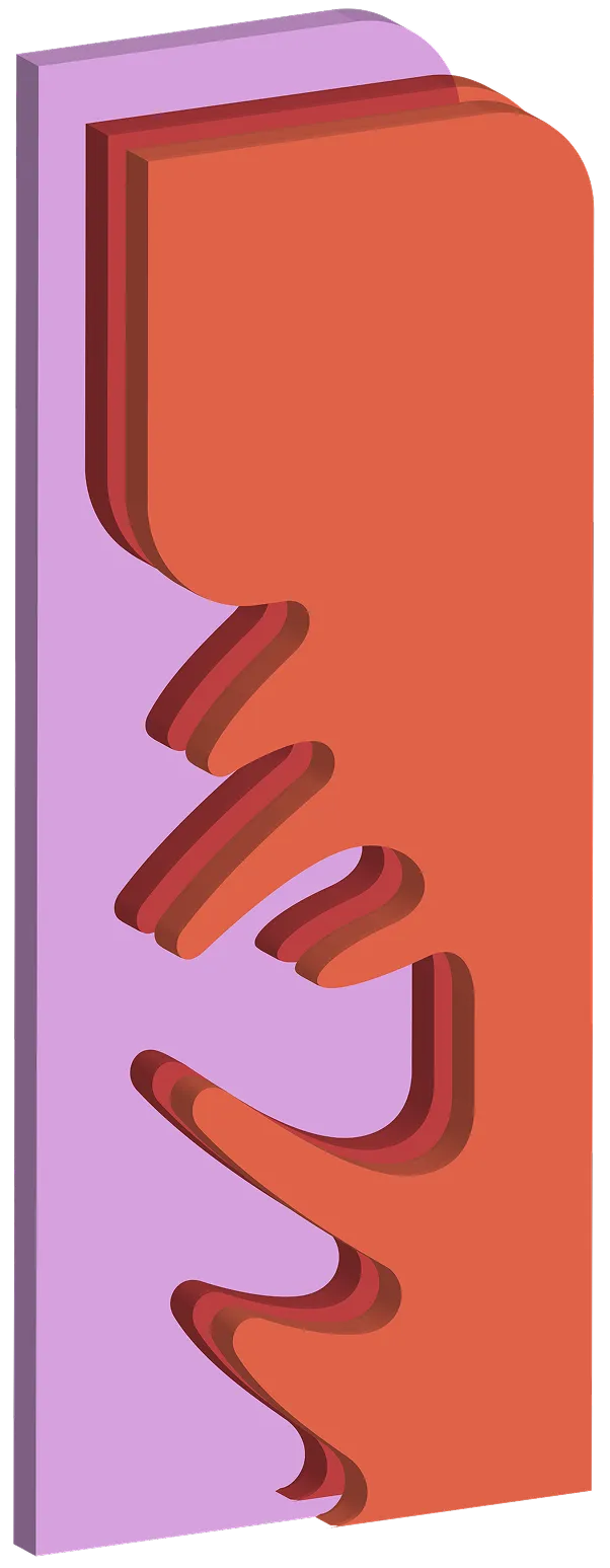 A vectorized rendition of two red wooden slabs, with a pink acrylic panel sandwiched between the two.