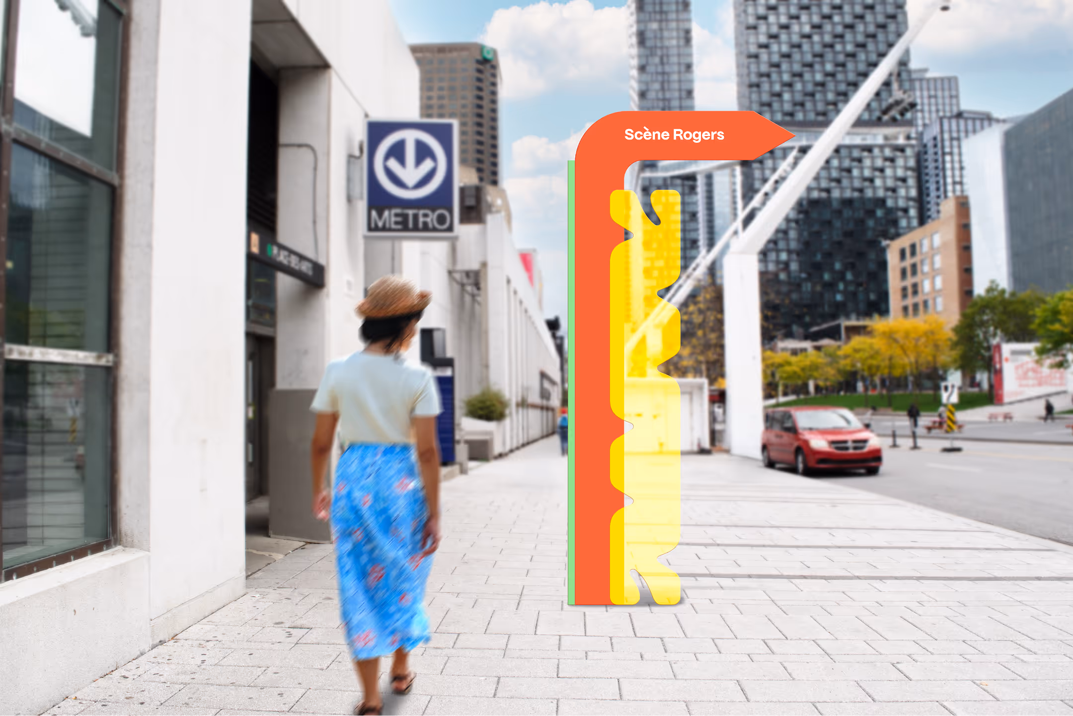 Directional sign mockup, located by the Place-des-arts metro. A woman in summer clothing is blurred in the foreground.