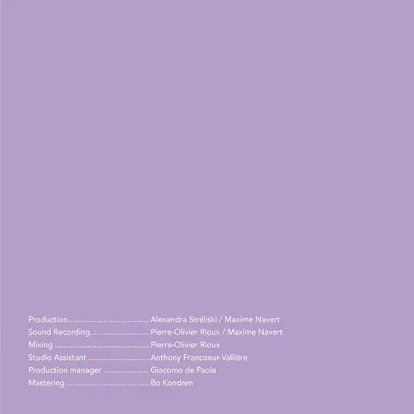 6th page of the artist's booklet. Features the producers' names in white on a light purple background.