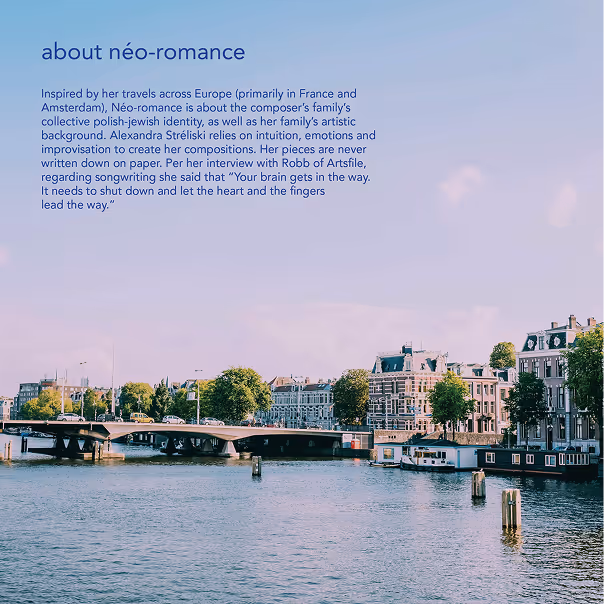 2nd page of the artist's booklet. Features a description of the album in dark blue, on top of a scenic photograph featuring a river in the foreground, and buildings in the background.