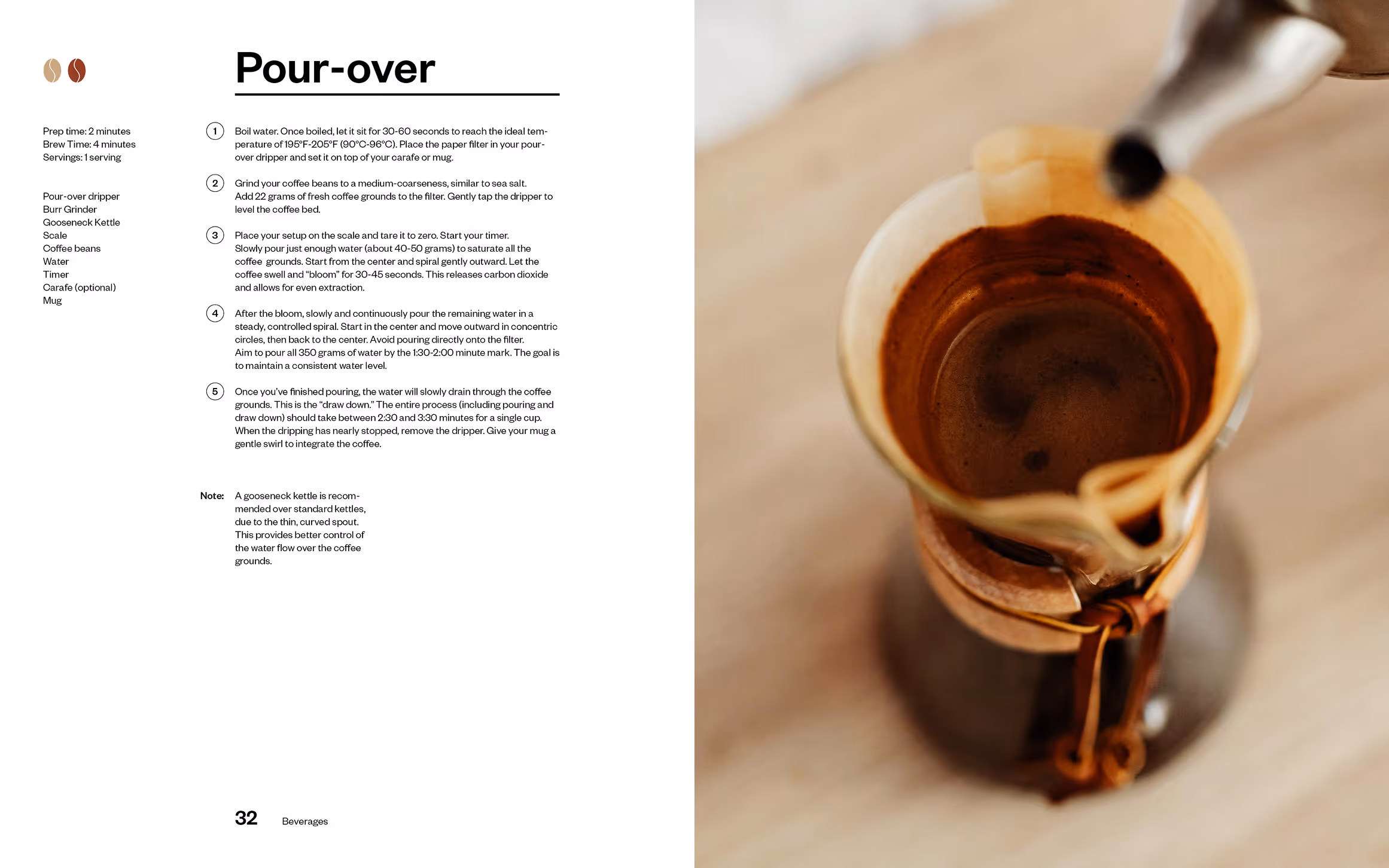 The coffee manual recipe spread for pour-over coffee. The recipe is on the left, with an image of a pour-over on the right.