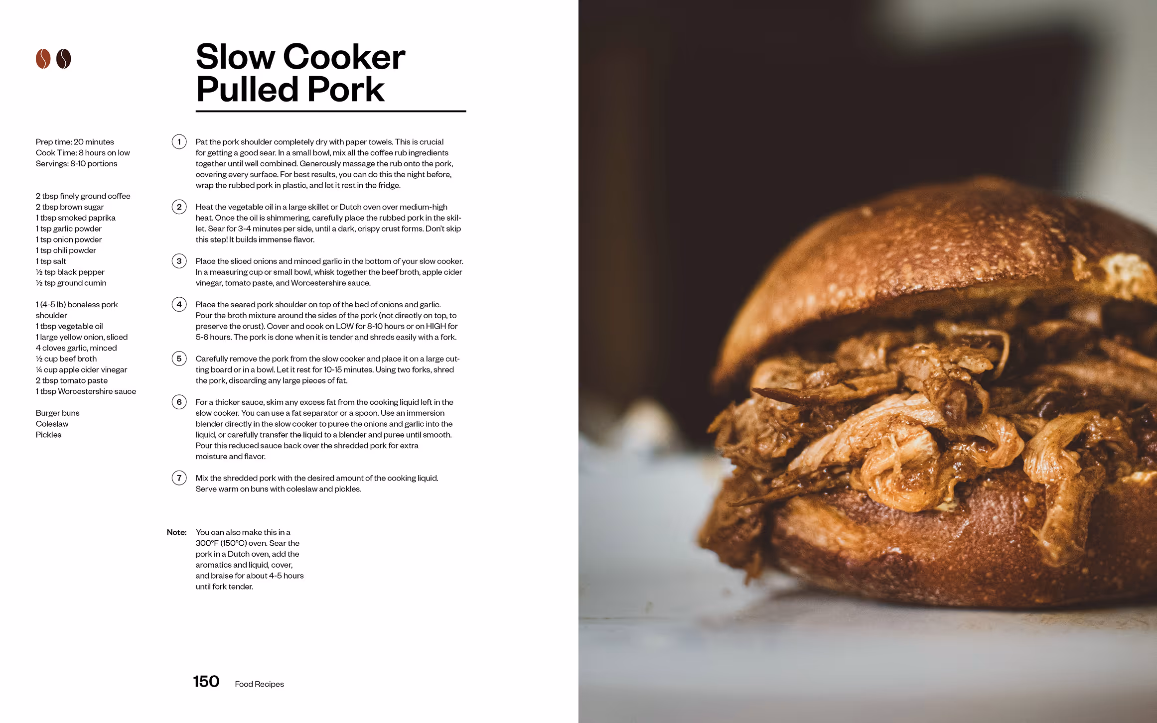 The coffee manual recipe spread for slow cooker pulled pork. The recipe is on the left, with an image of a pulled pork sandwich on the right.