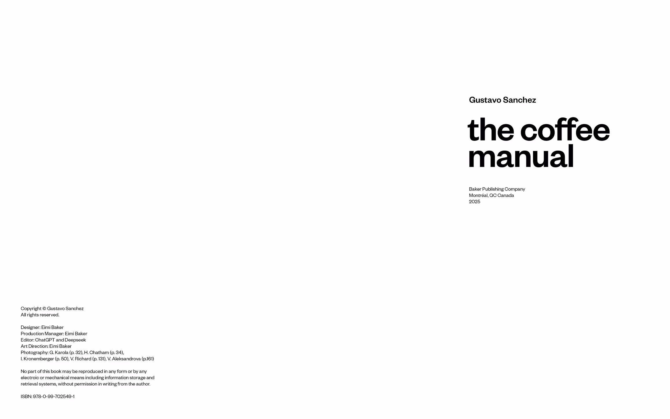 The coffee manual spread, with the colophon on the left page, and the half-title on the right page.