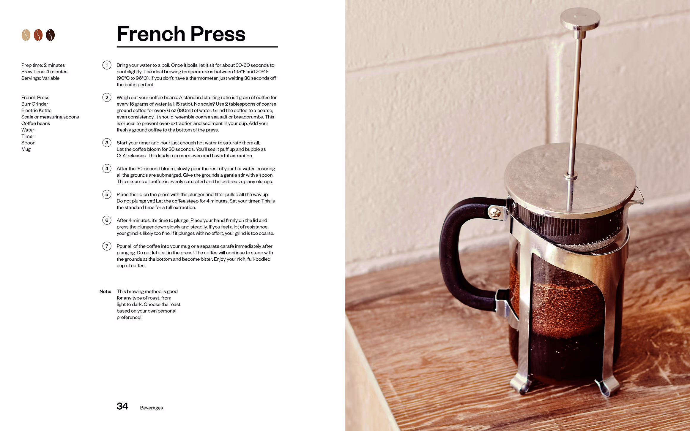 The coffee manual recipe spread for french press. The recipe is on the left, with an image of a french press on the right.