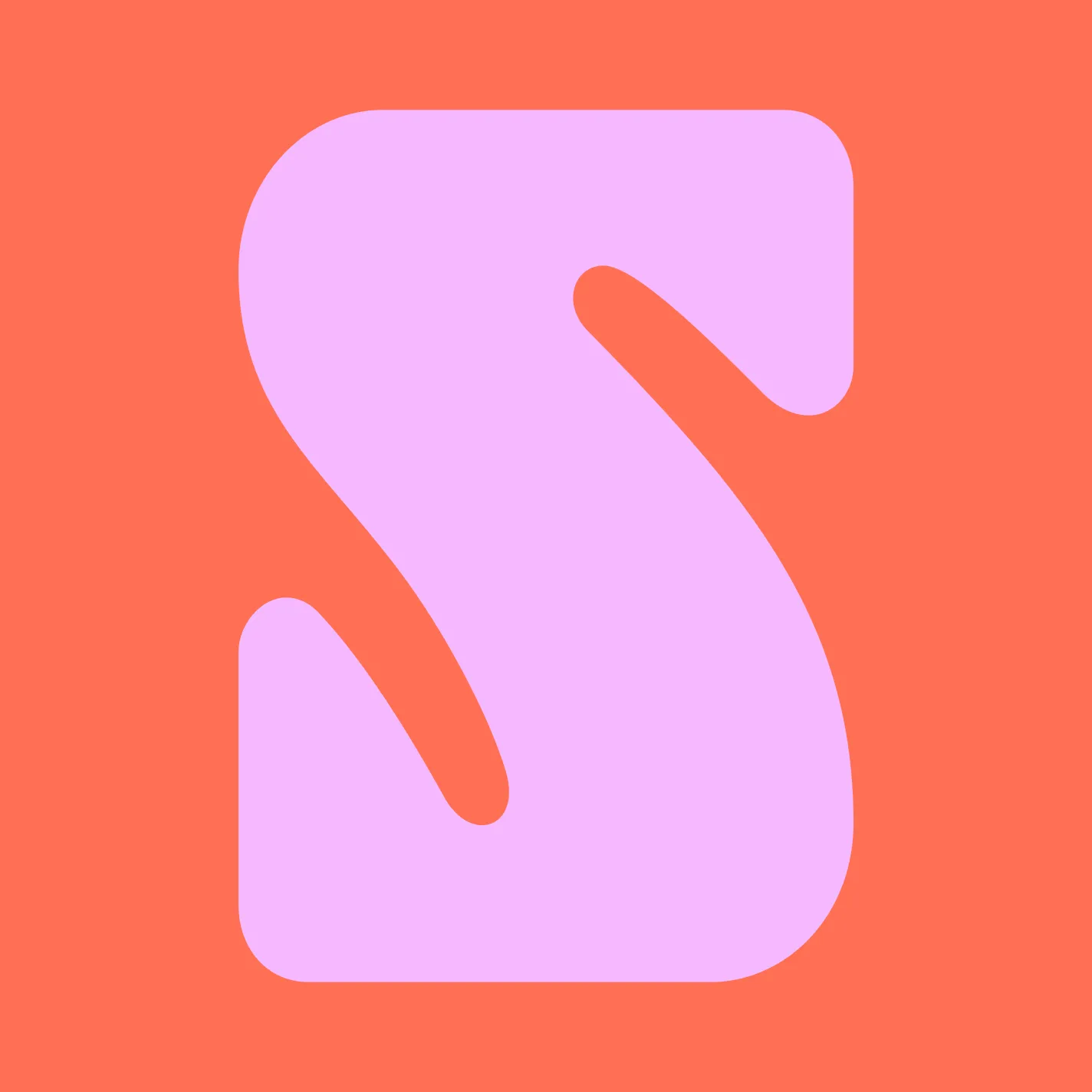 A blocky, curved pink S letterform on top of a red background. S letterform created by the agency LG2.