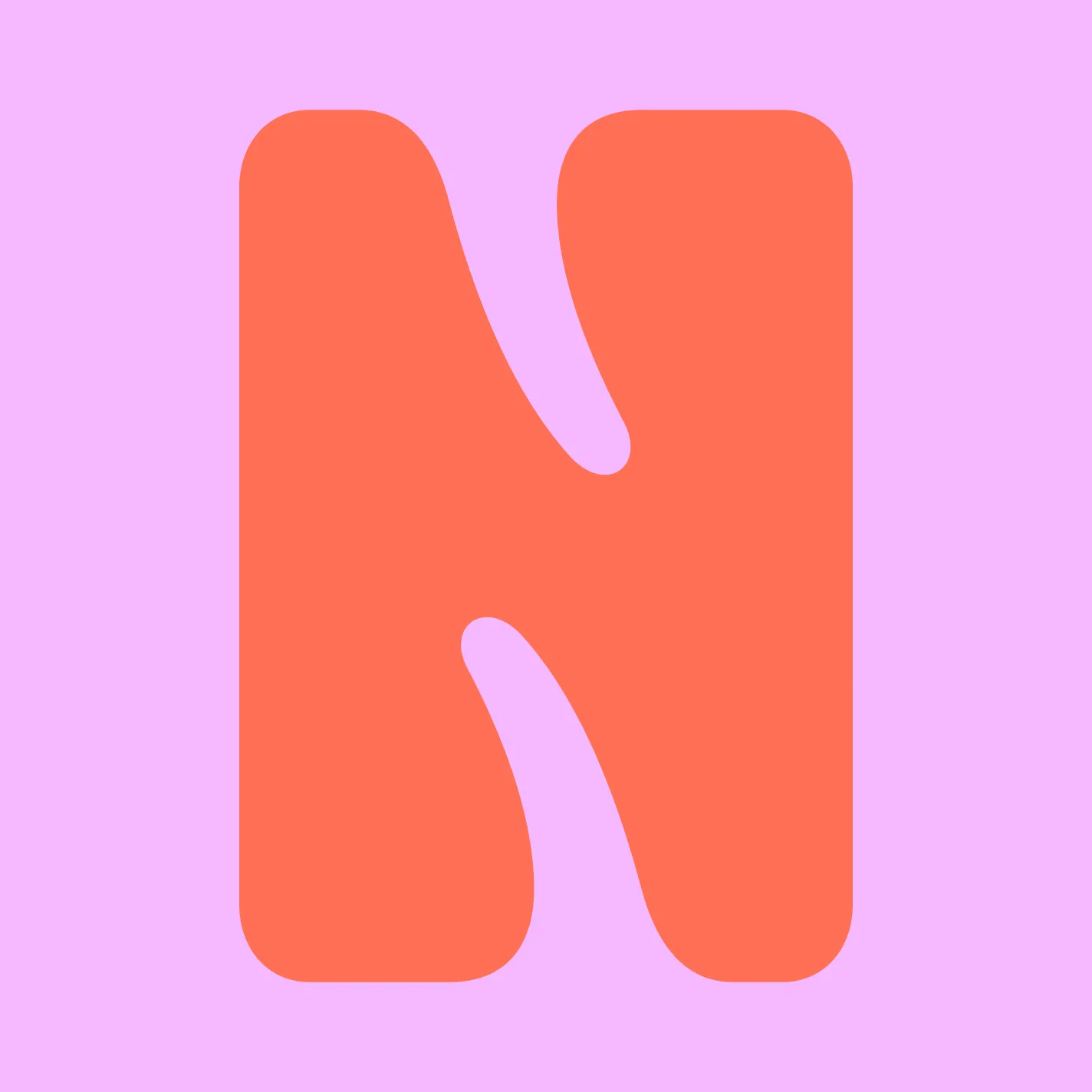 A blocky, curved red N letterform on top of a pink background. N letterform created by the agency LG2.