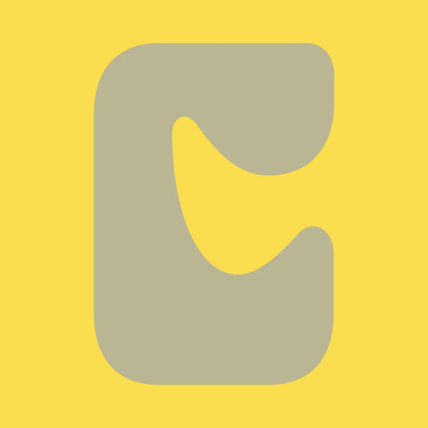 A blocky, curved olive green C letterform on top of a yellow background. C letterform created by the agency LG2.
