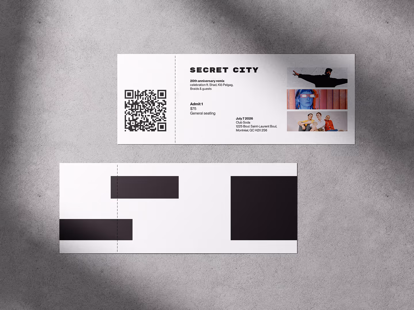 A mockup of the front and back of a ticket stub. The front of the ticket stub has a QR code, show description and photos of select artists. The back of the ticket features the deconstructed black logo.