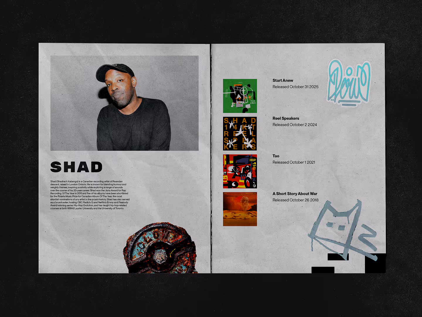 An open spread of a zine, featuring Shad and his album releases.