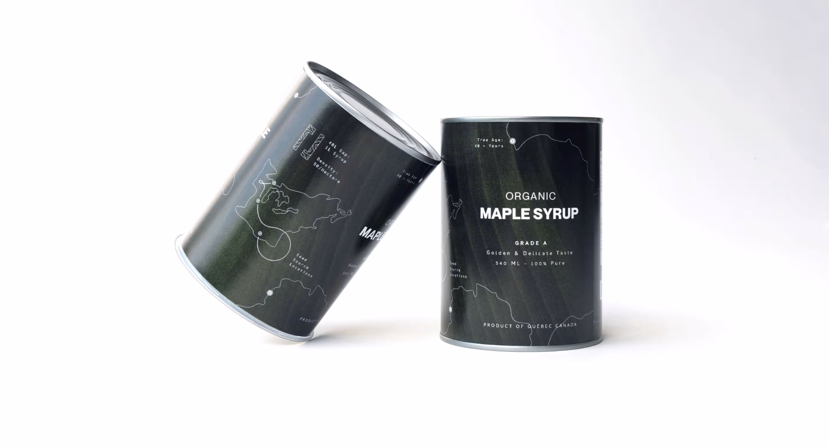 Dark green gloss maple syrup tin labels with intricate line work of maps, roots, and scattered text showing data information