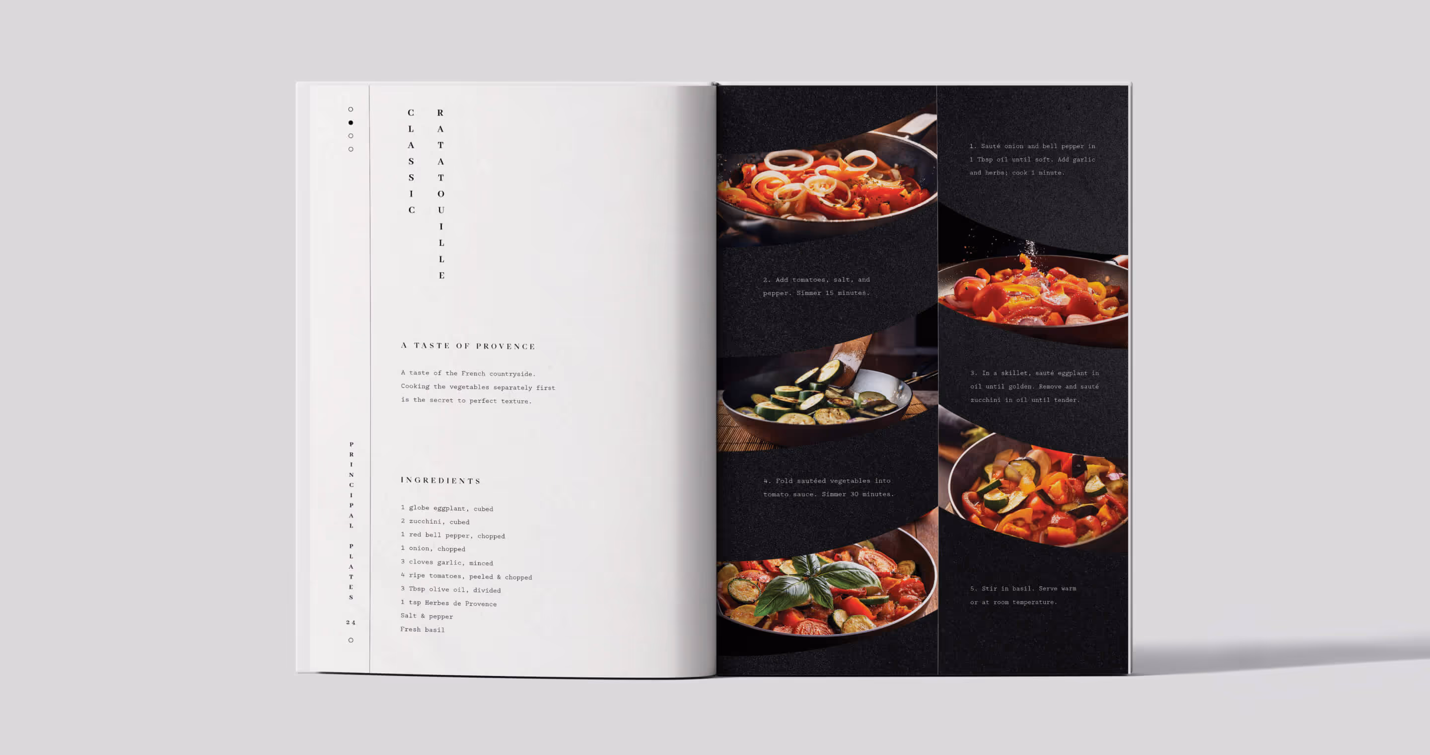Cookbook spread with classic ratatouille recipe and curved images