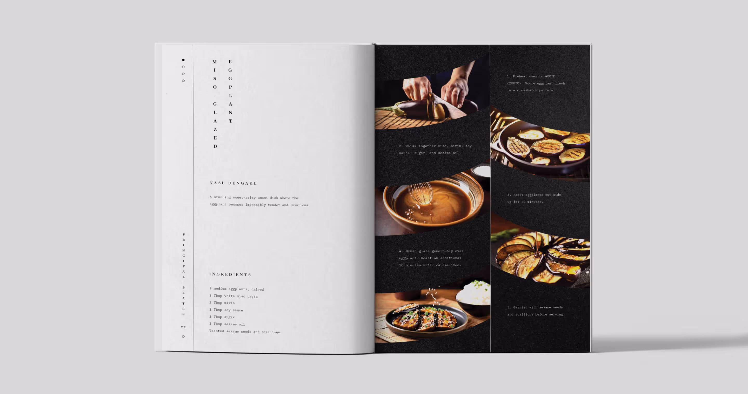 Cookbook spread with miso-glazed eggplant recipe and curved images