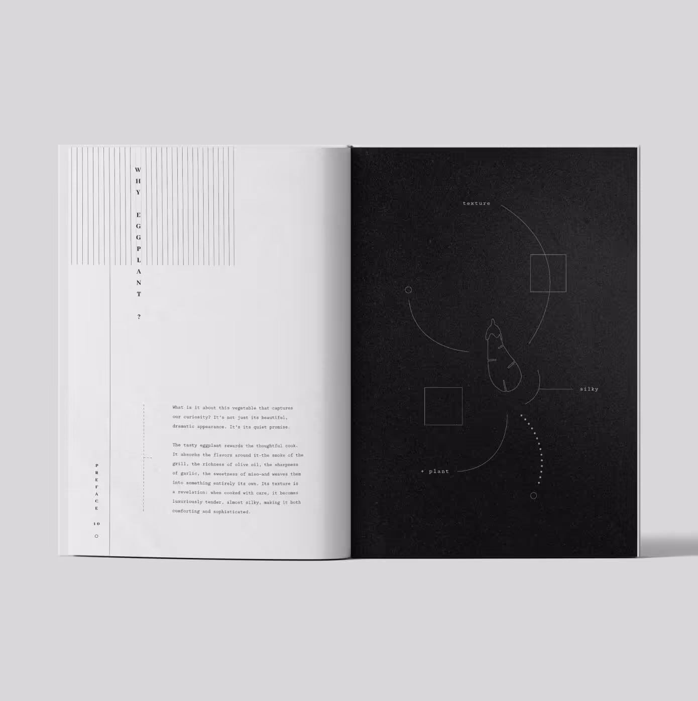 Cookbook spread showcasing introduction with small horizontal and vertical type and eggplant illustration made out of thin lines