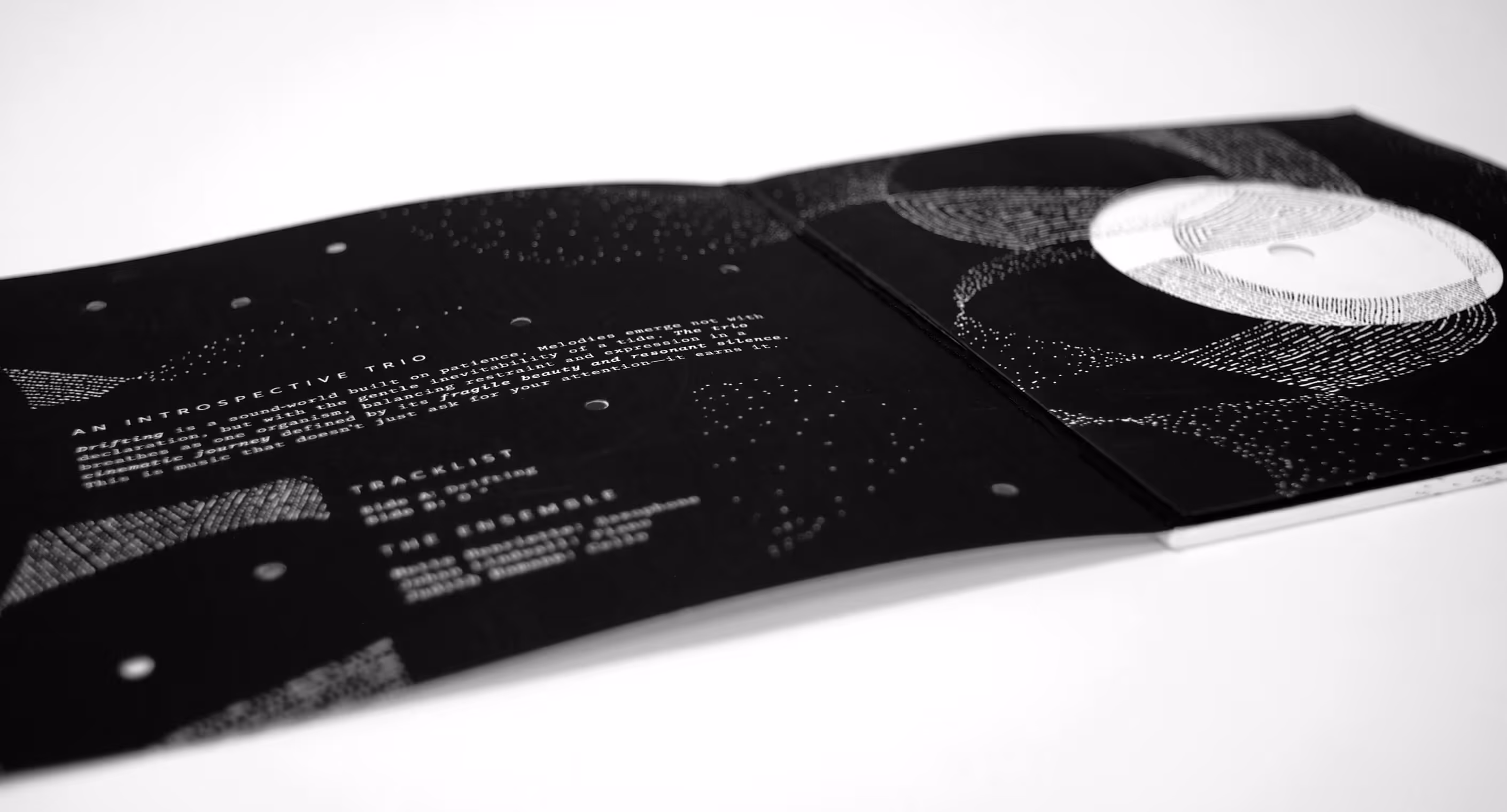 Vinyl packaging for Mette Henriette featuring black and white accordion fold thirty inches long with die cut circles and pointillism scattered across both sides