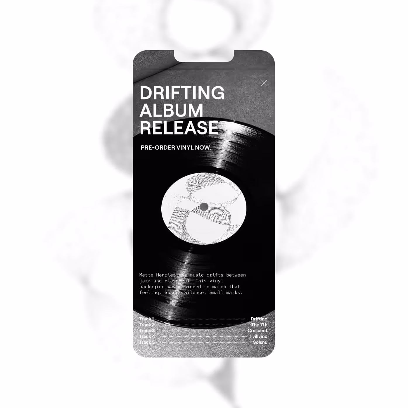Social media promotion showing vinyl design with a mix of bold sans serif and light monospaced typography