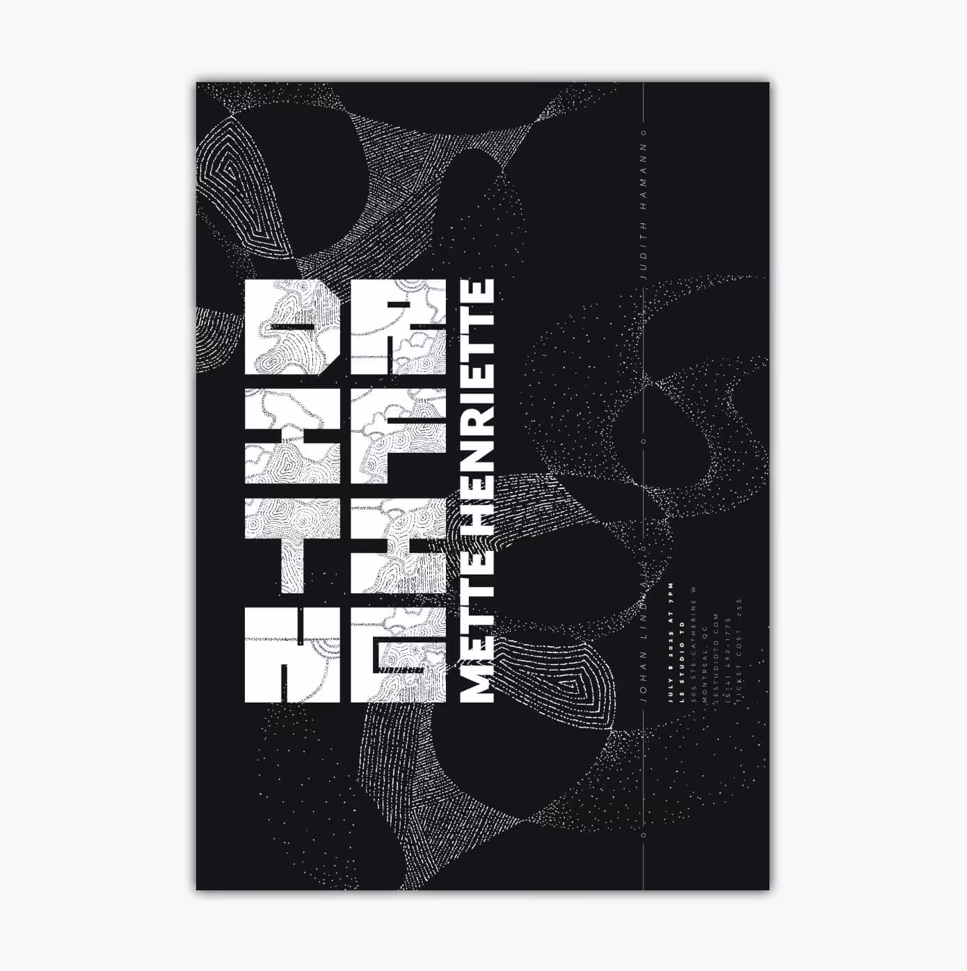 Concert poster for Mette Henriette with bold geometric white typography on black background with pointillism illustration