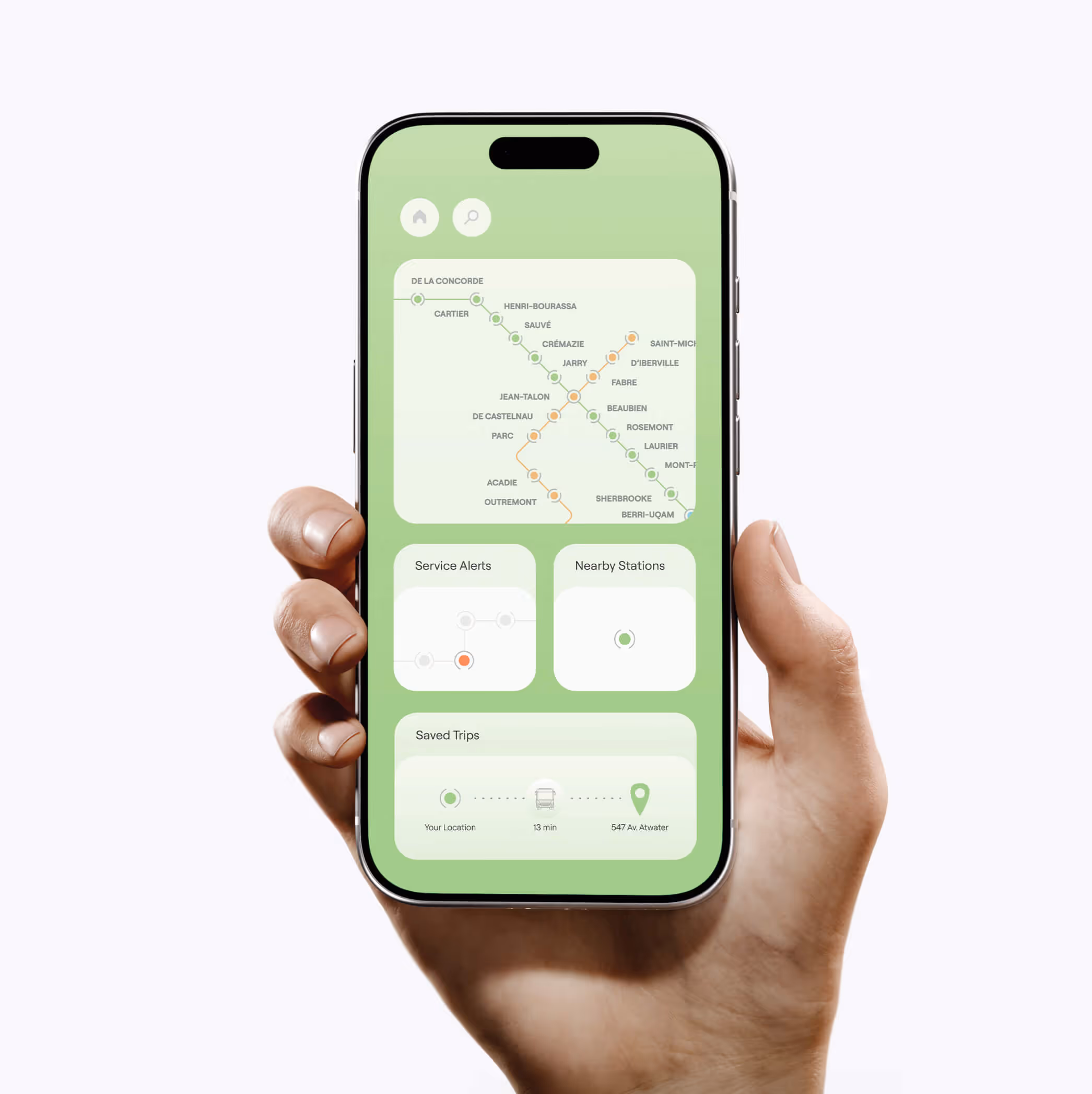 STM mobile app screen metro map with service alerts, nearby stations and saved trips