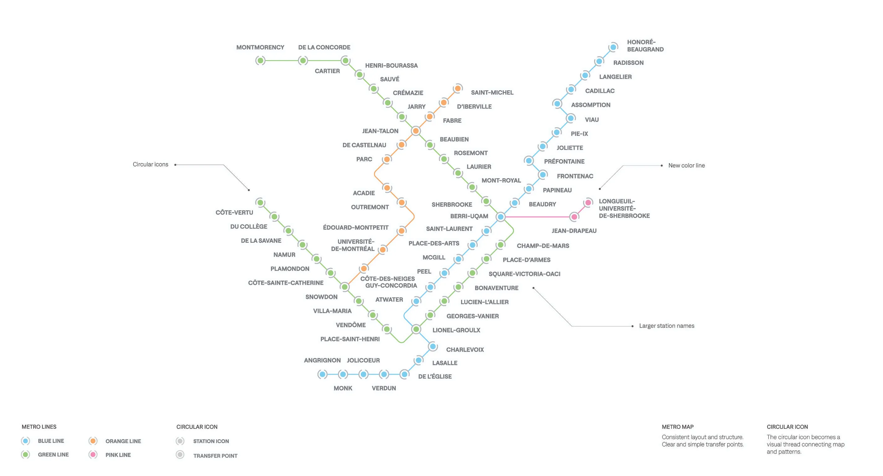 Redesigned STM metro map with circular icon for each station and new line colours on white background