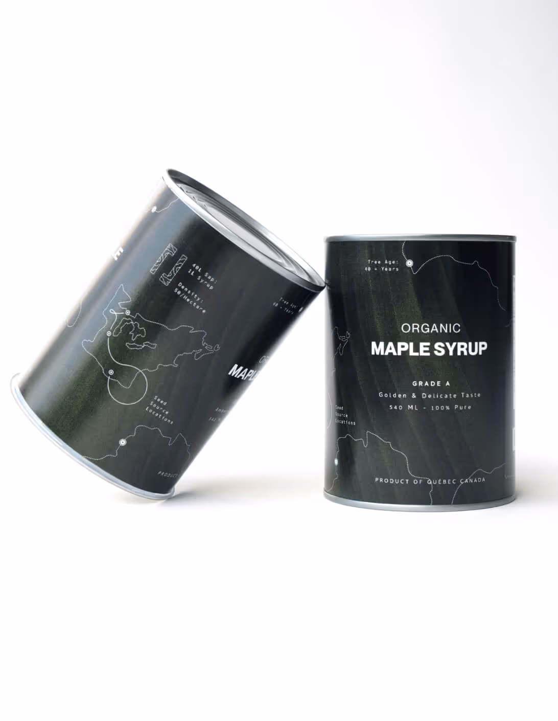 Dark green gloss maple syrup tin labels with intricate line work of maps, roots, and scattered text showing data information