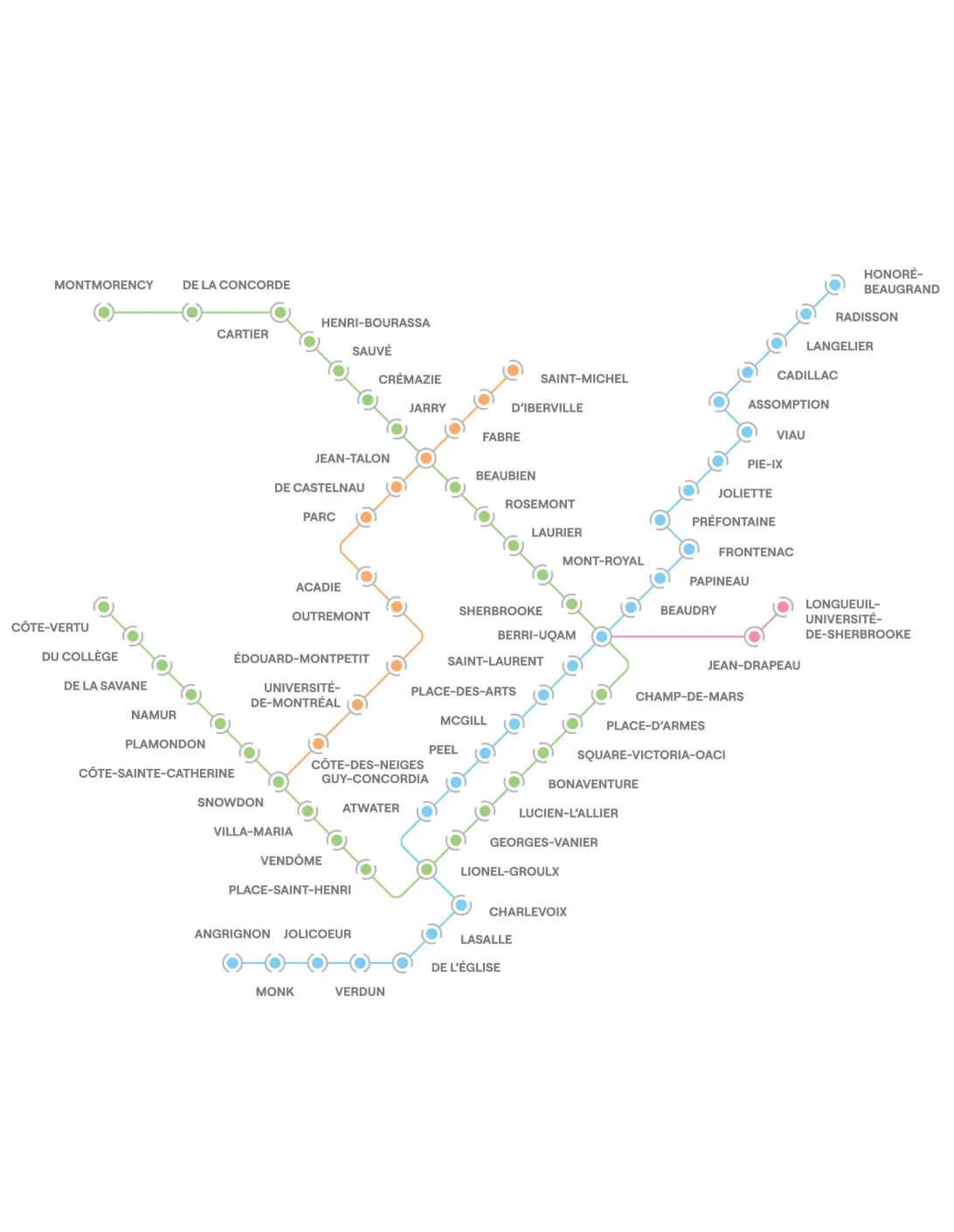 Redesigned STM metro map with circular icon for each station and new line colours on white background