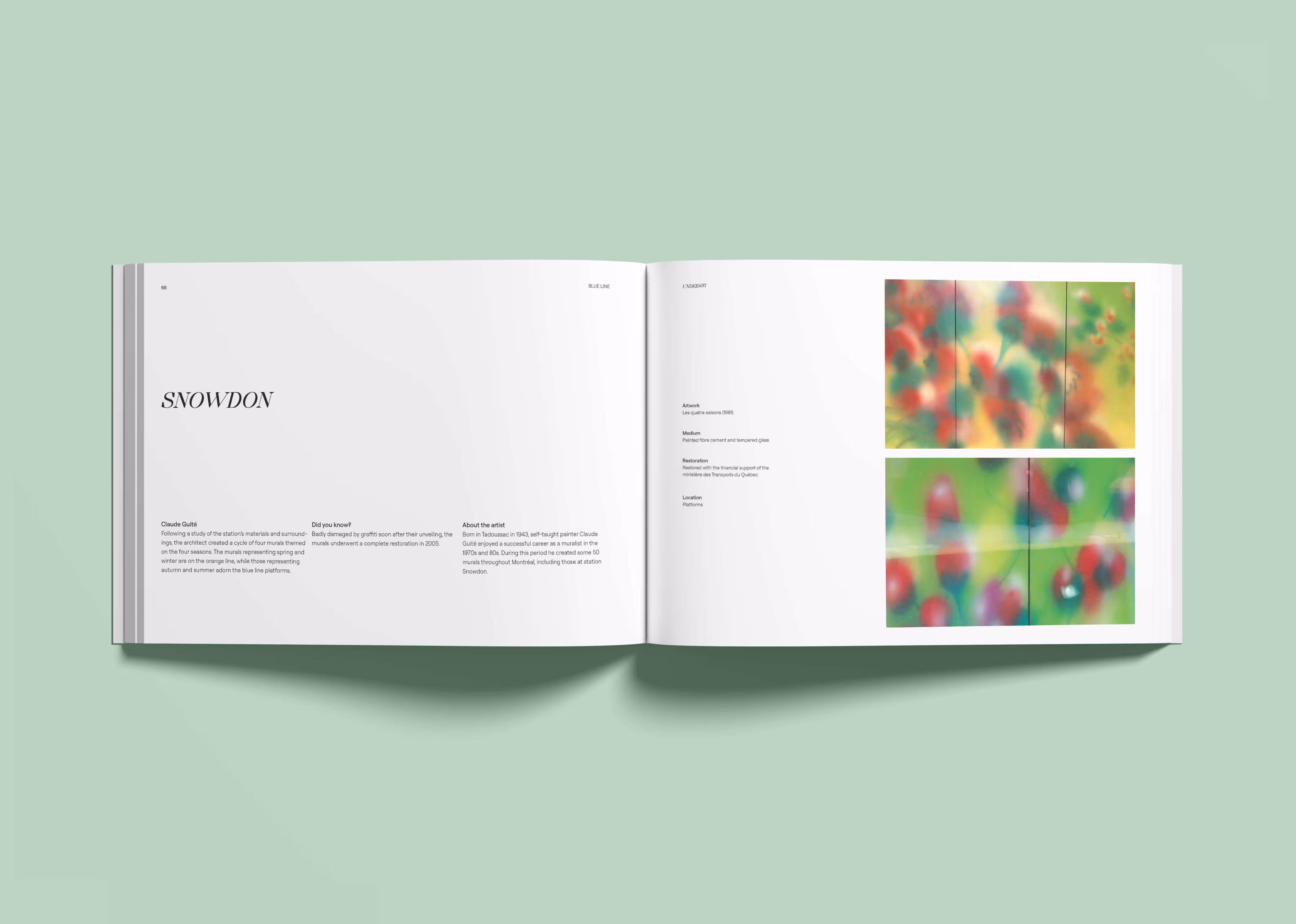 Catalogue spread with artwork images and description in Snowdon metro