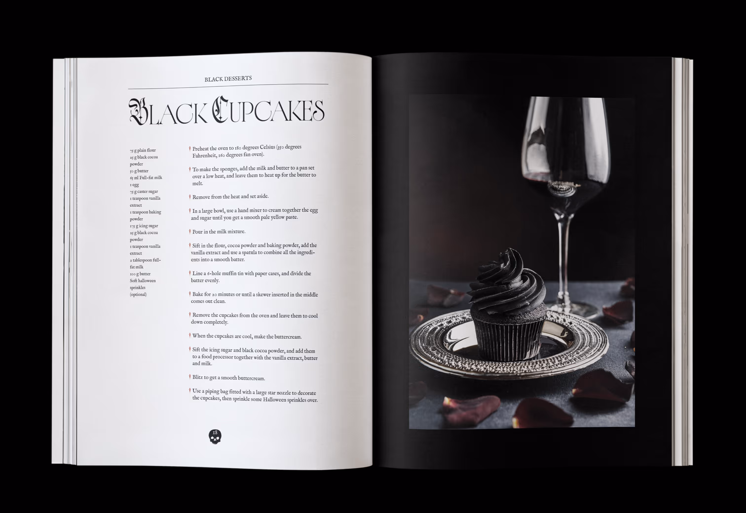 A spread of the cookbook showing the black desserts section