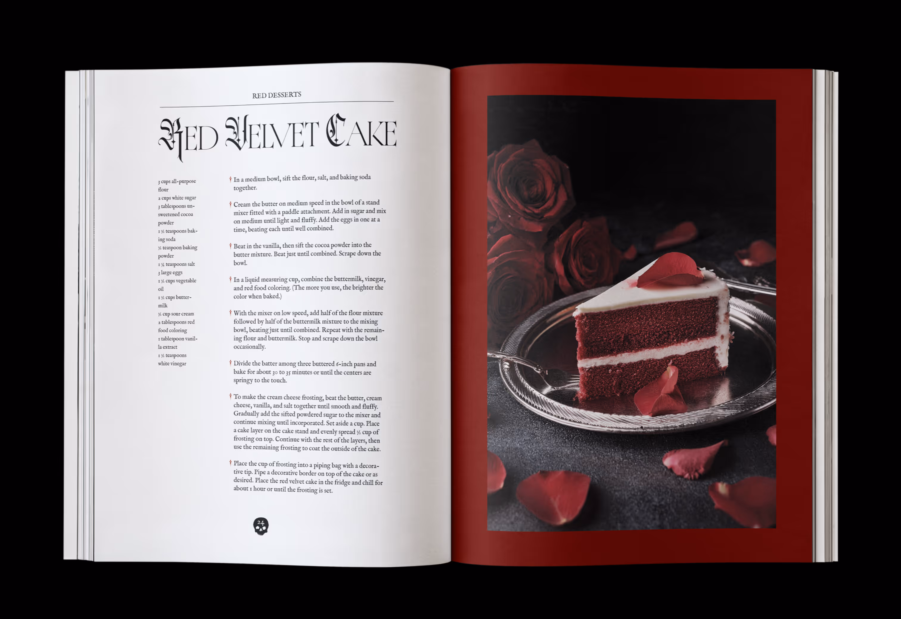 A spread of the cookbook showing the red desserts section