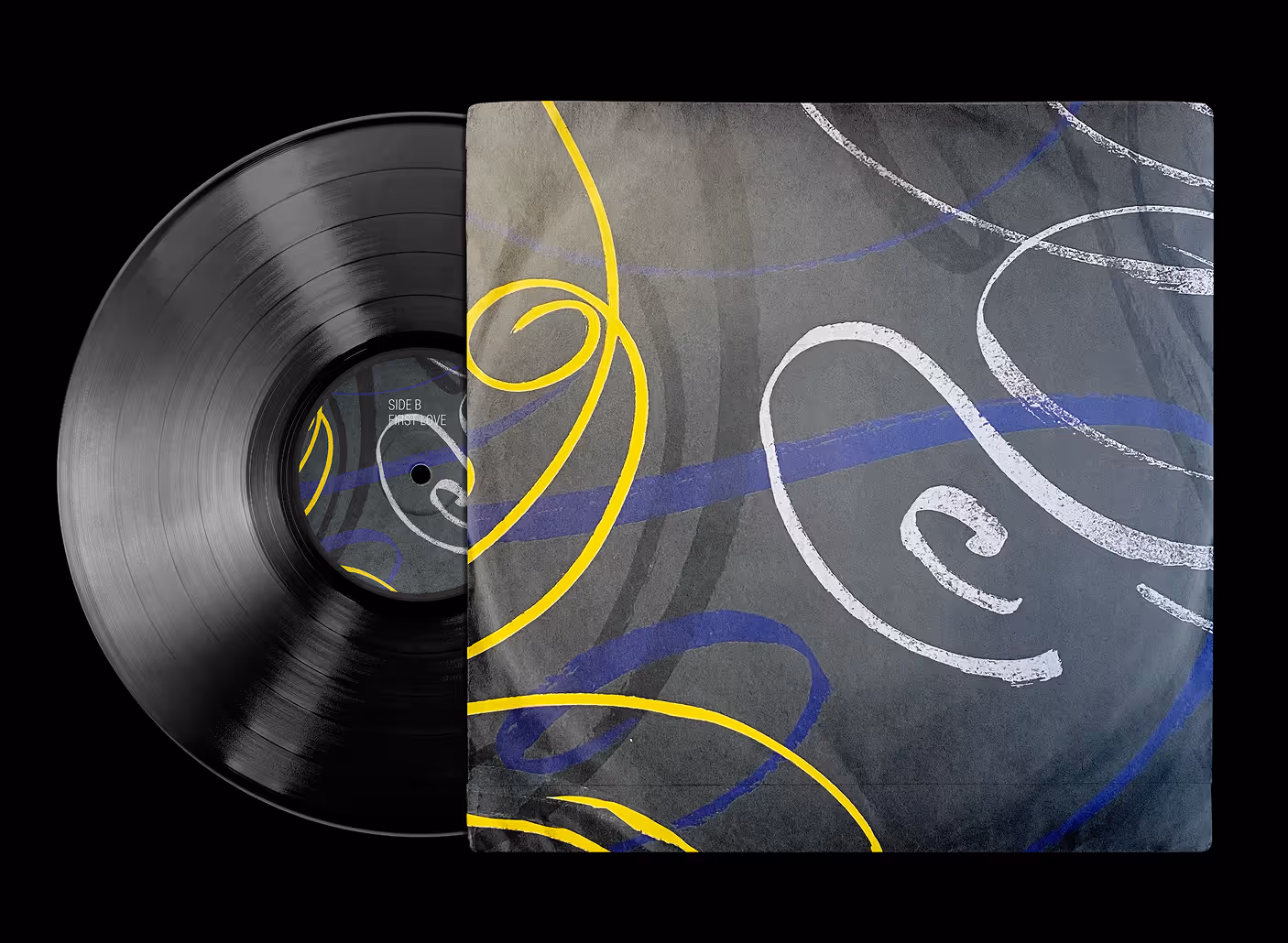 A back side of the vinyl placed on the black background