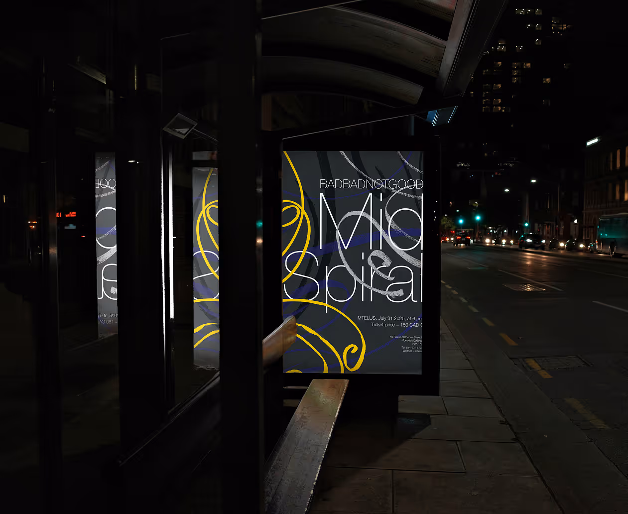 Poster placed in context in a bus station during night time