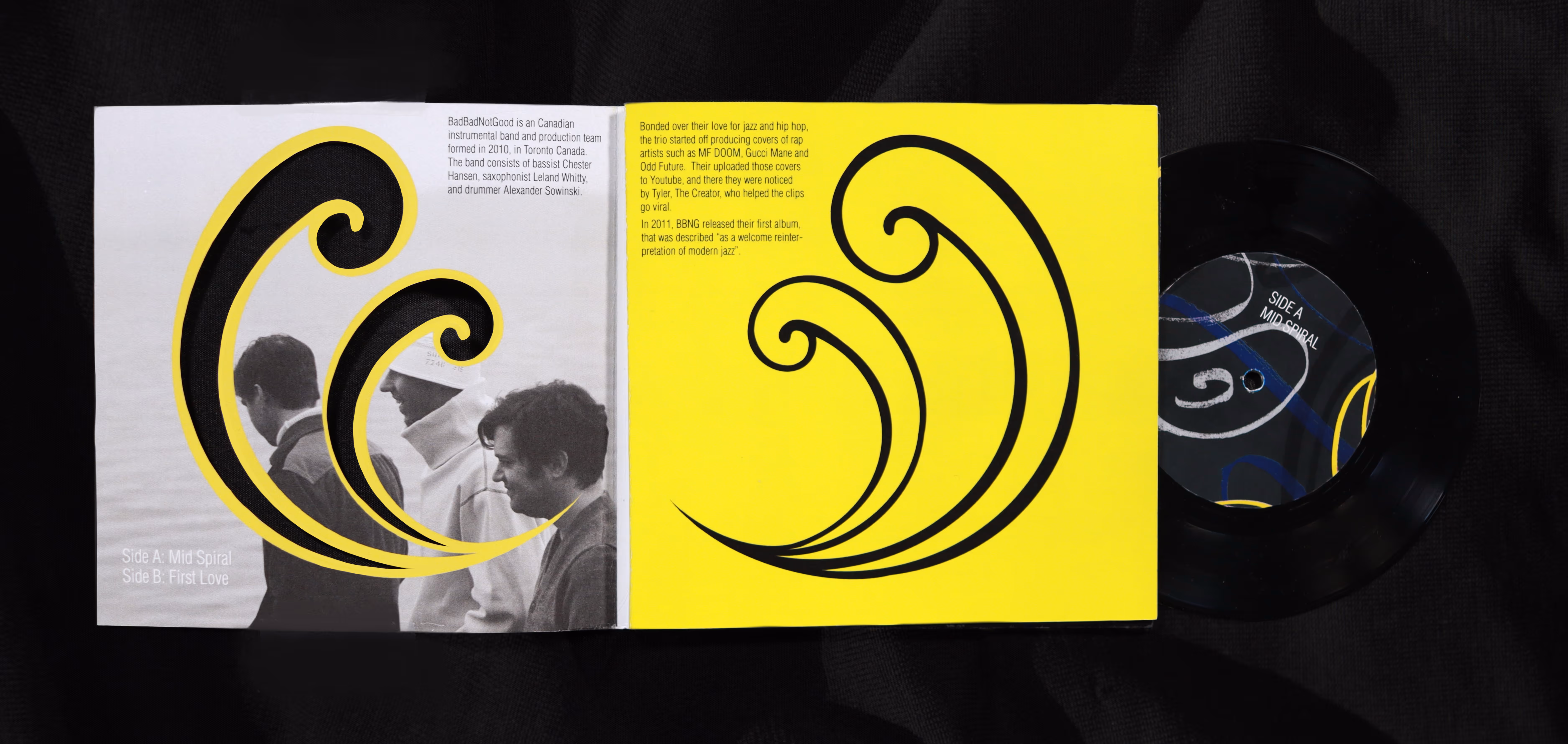 First spread of the vinyl, showcasing the black and white photograph of the band members, along with spiral die cuts
