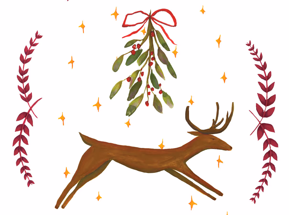 Illustration of a deer under mistletoe.