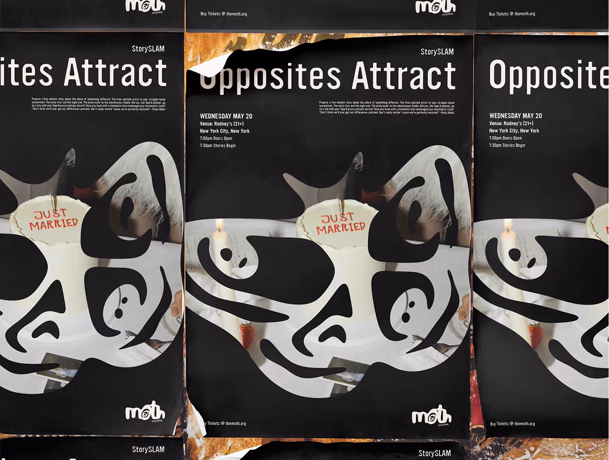 Image of multiple poster for an event curated bu the moth storytelling.