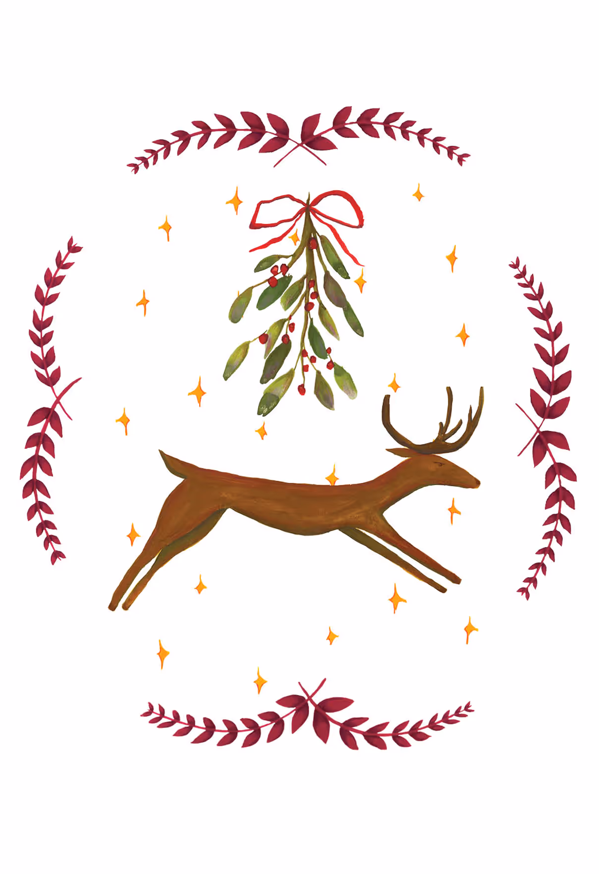 Illustration of a deer under mistletoe