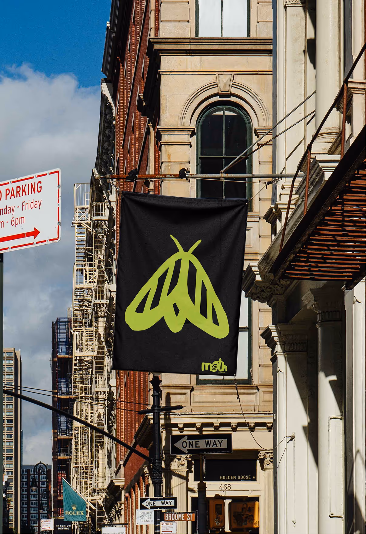Small banner with a green moth illustration on it
