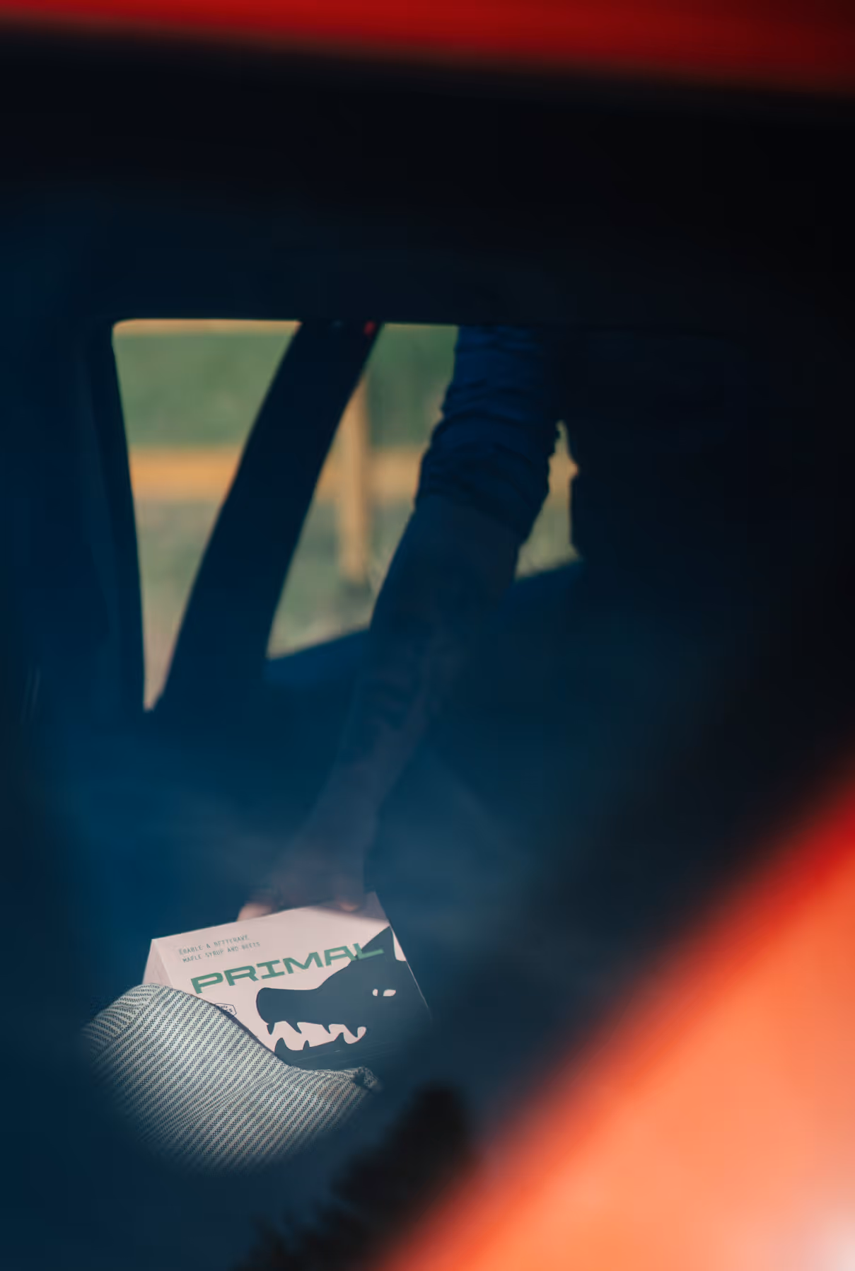 Picture of granola bar box being taken from car window. Photo credit Felix Burke.