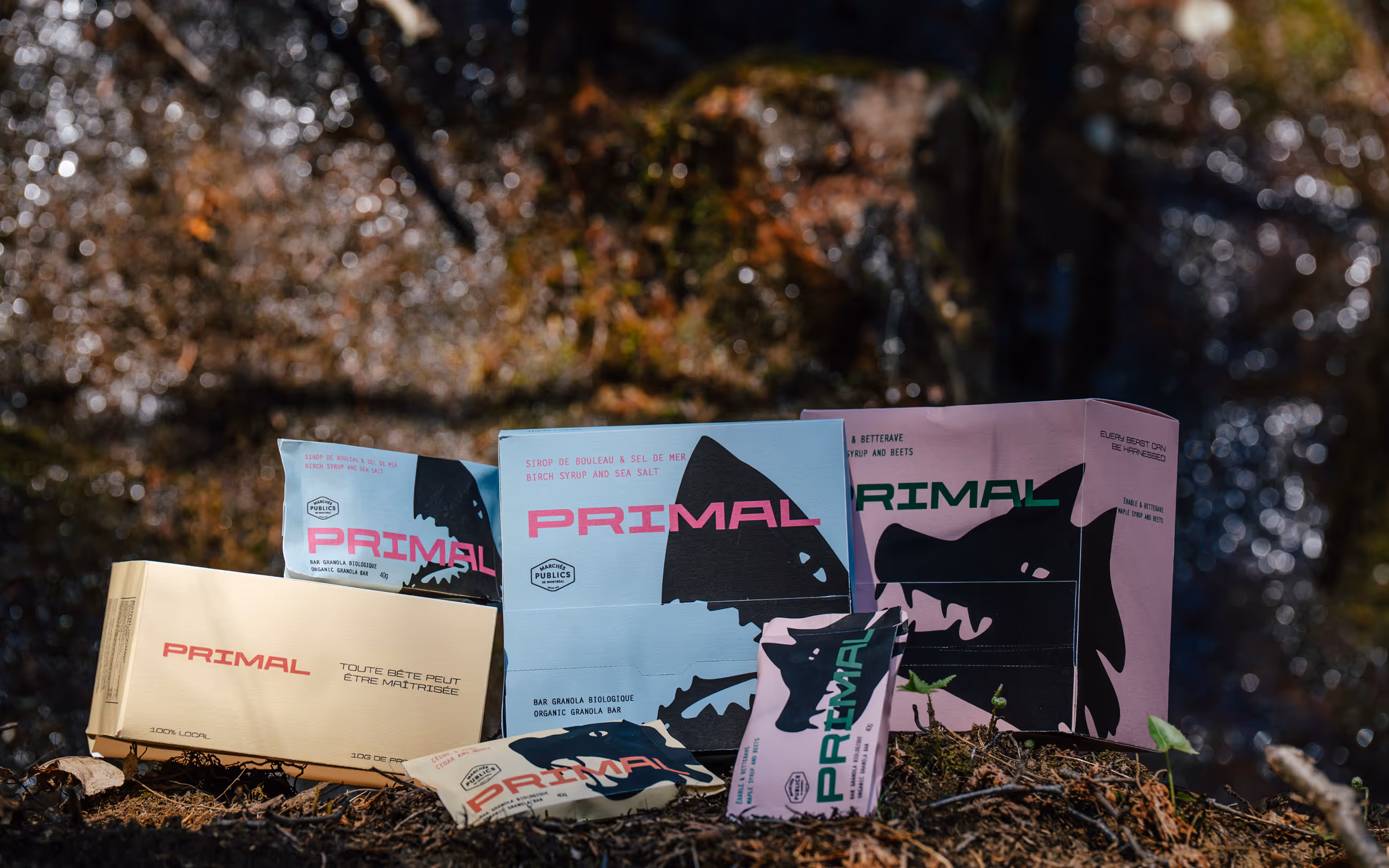 Photo Credit Felix Burke. Hero image of all Primal granola ba packaging