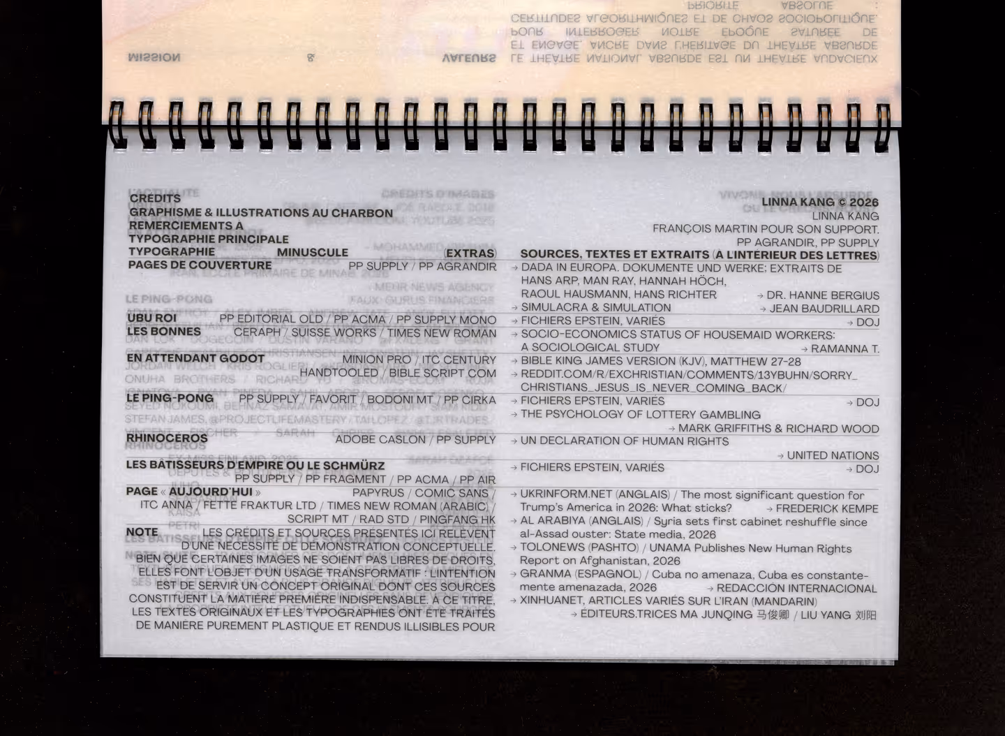 First credits page of the premium book, printed on vellum. The next pages' content shows through due to the transparency of the paper.
