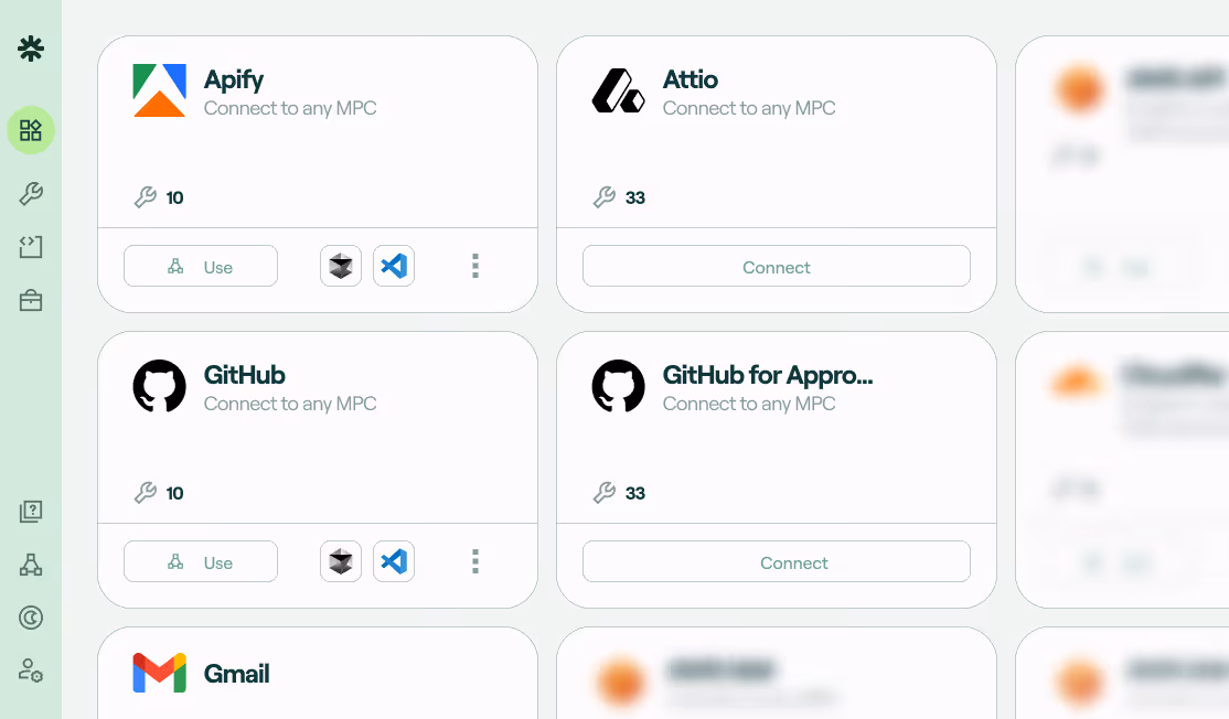 Dashboard interface showing integration options for Apify, Attio, GitHub, GitHub for Approvals, and Gmail with usage statistics and connect buttons.
