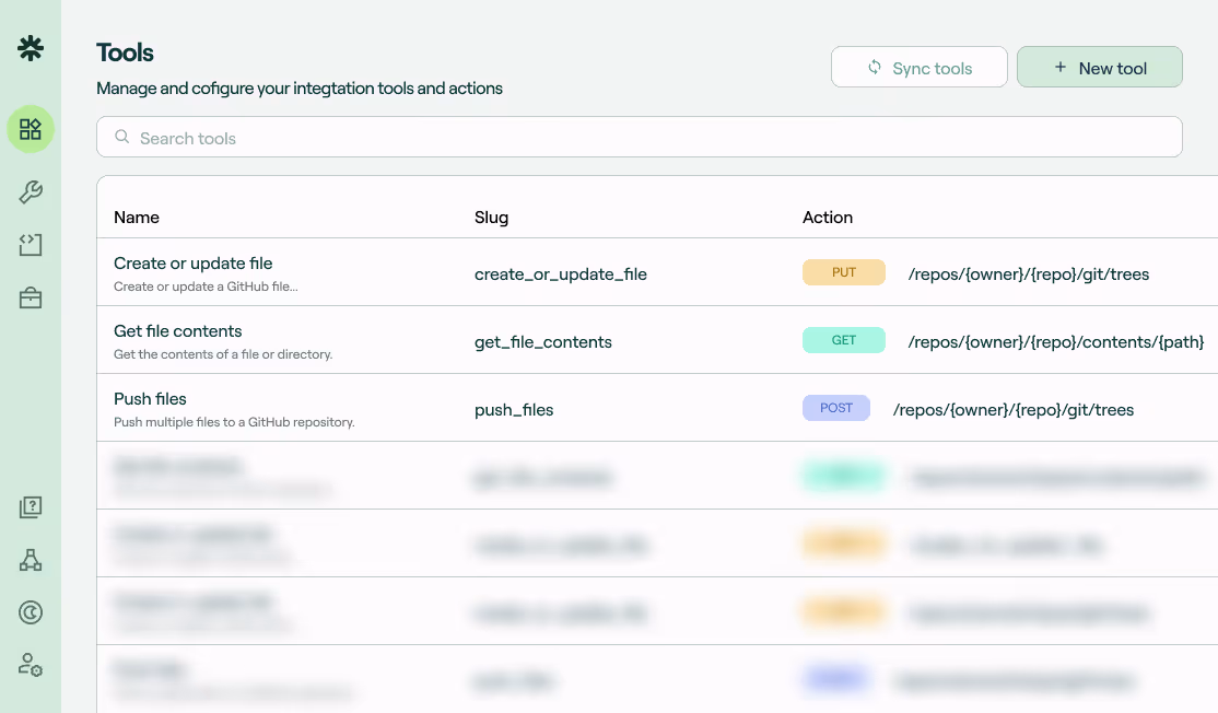 Software interface showing a Tools section with options to Create or update file via PUT, Get file contents via GET, and Push files via POST actions in a configuration table.
