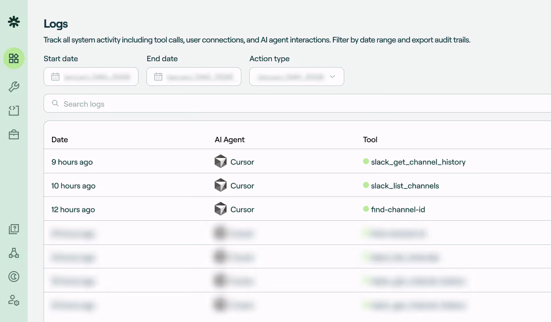 User interface showing system logs with filters for start and end date, action type, and a search bar, displaying recent AI agent Cursor's activity with tools like slack_get_channel_history and slack_list_channels.