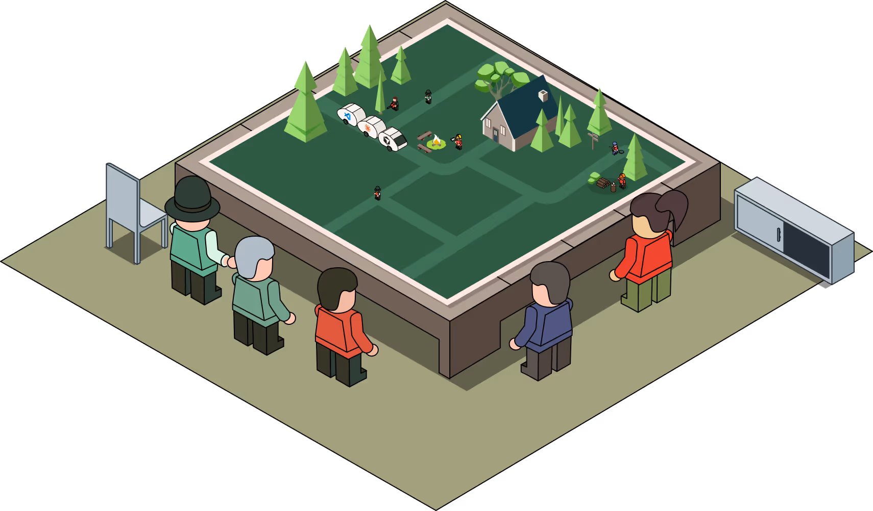 Isometric illustration of six people standing around a large square table with a miniature park model featuring trees, a house, campfire, and vehicles.