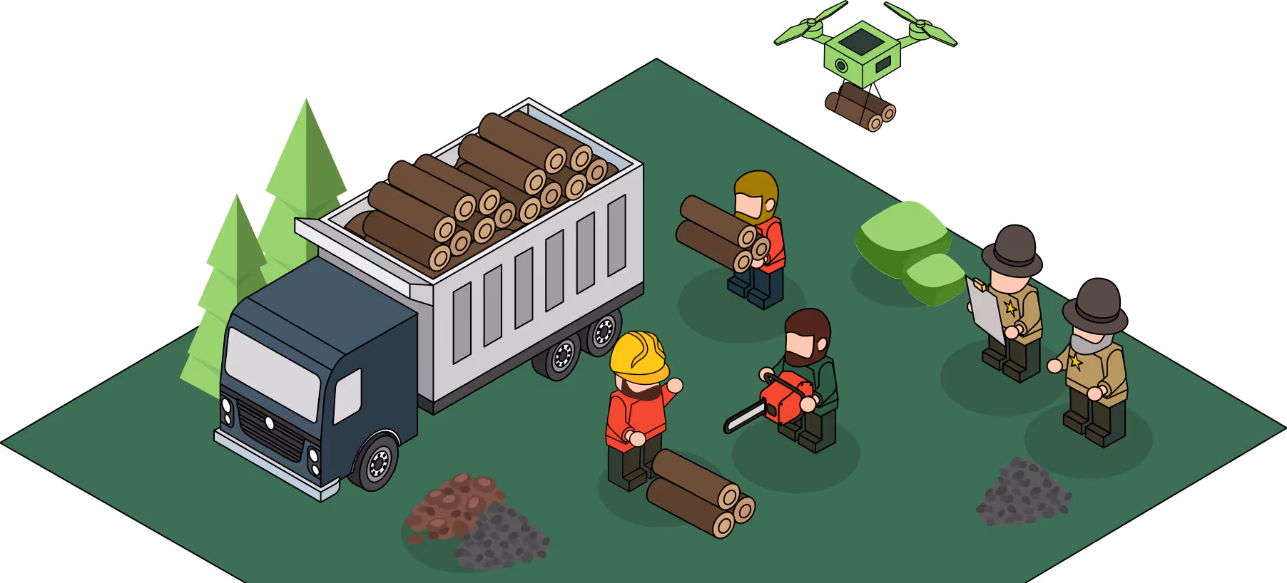 Isometric illustration of a logging operation with a truck loaded with logs, workers carrying and cutting wood, a drone carrying logs, and two inspectors with clipboards.