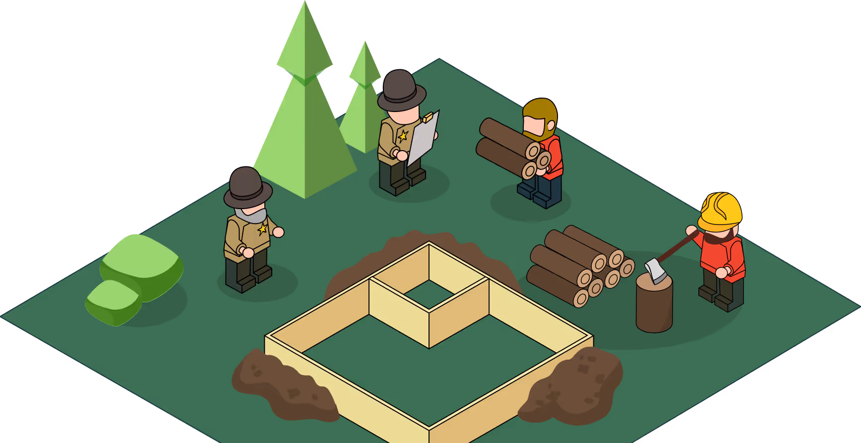 Illustration of two sheriff figures overseeing a construction site where two workers handle logs, with a wooden foundation frame and trees in the background.